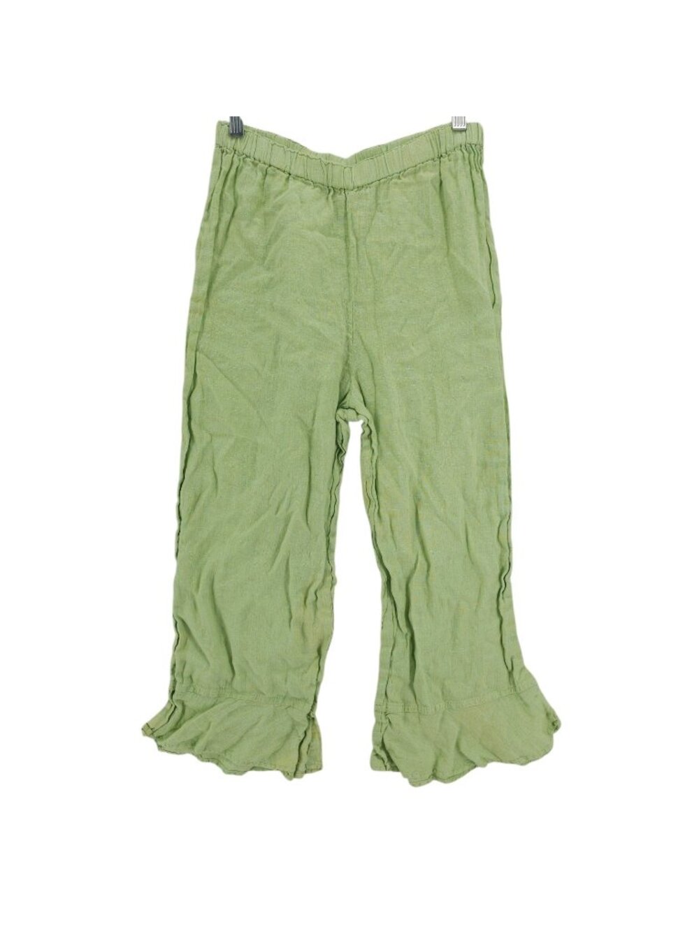 FLAX Linen Cropped Green Ruffle Hem Pants Boho Beach Lagenlook SMALL